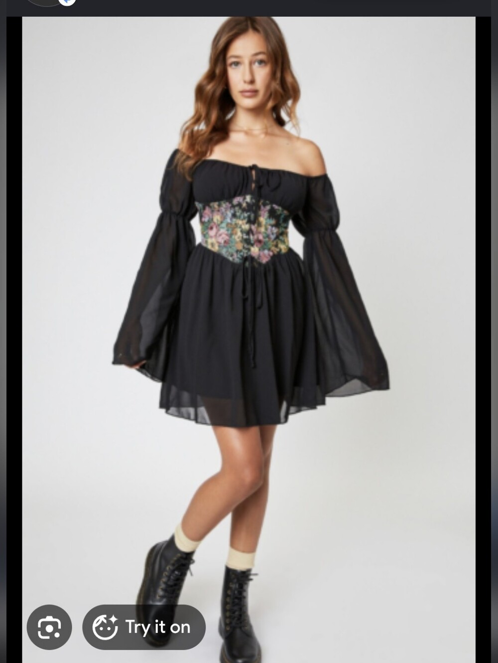 Cider Black Off-Shoulder Mini Dress with Floral Corset